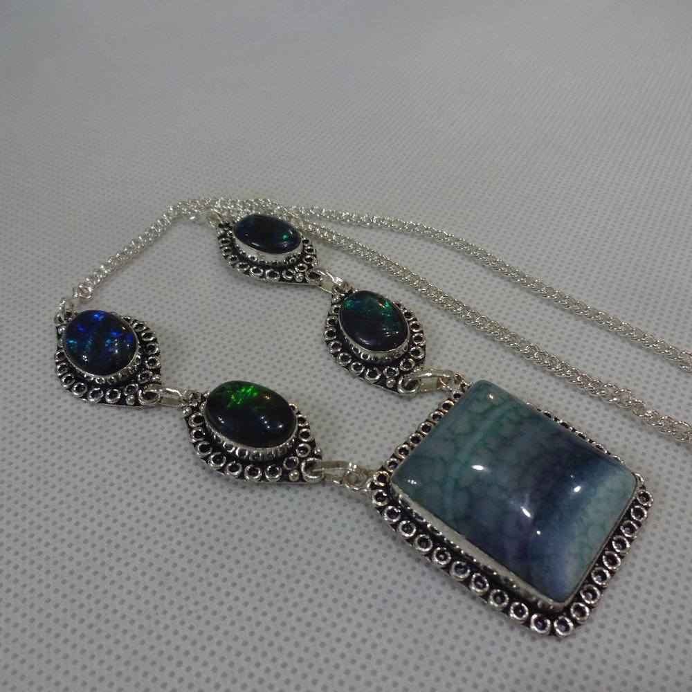 Gorgeous "SOLAR AGATE & TRIPLET OPAL" Handmade Sterling Necklace 20" #615A